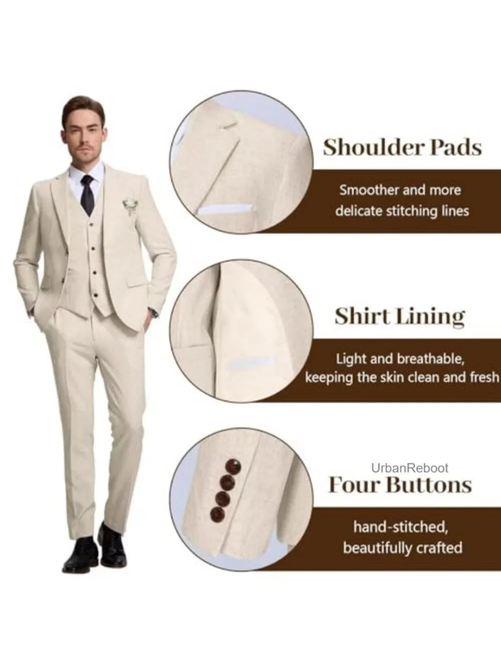 Men's 3PC Linen Suit Wedding Slim Fit Blazer Vest Pant